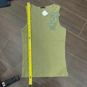 NWT Army-Green tank, sequin butterflies, has a stretch. Open to discounts!